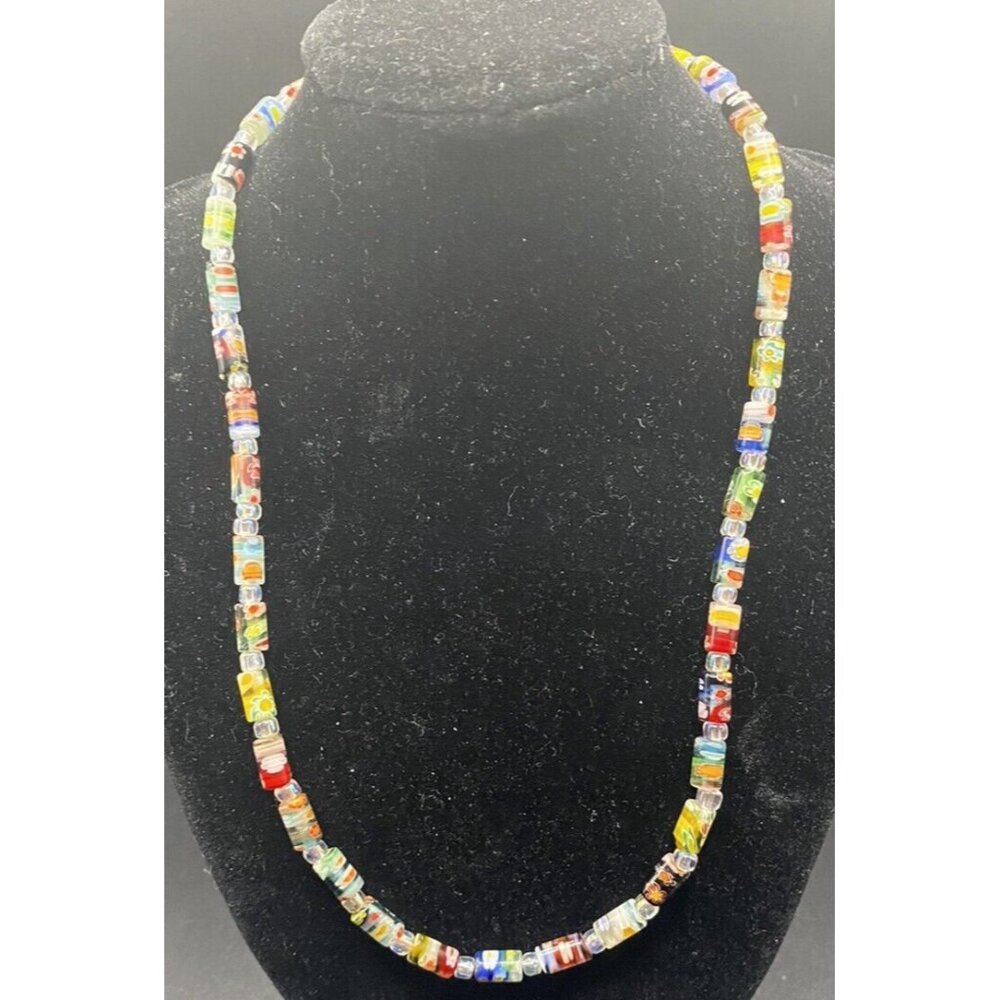 Unique Multicolor Necklace Venetian Millefiori 6mmx3mm Tube Bead 17" Gold Tone - Picture 2 of 11